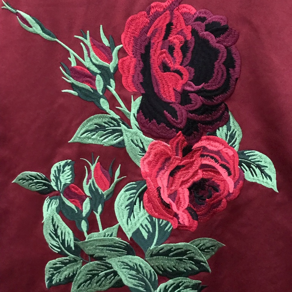 Maroon embroidered rose PJ top